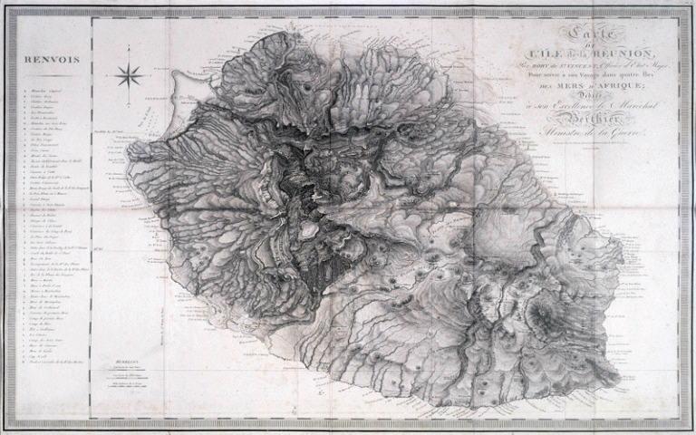 Carte de l'Ile de la Réunion dressée par Bory de St Vincent, officier d'état major, pour servir à son voyage dans quatre îles des mers d'Afrique, dédiée à son excellence le Maréchal Berthier, Ministre de la guerre
