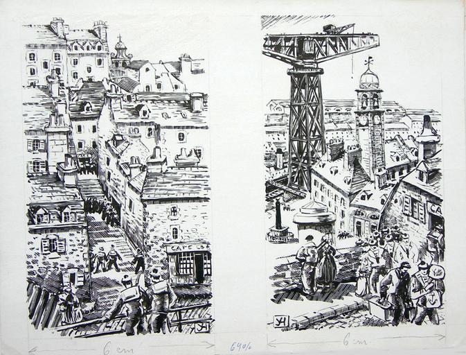 A - Rue à Brest ; B - Brest : la grue et l' Arsenal [titre attribué]