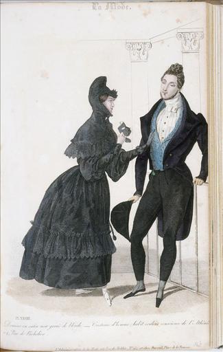 Domino en satin noir garni de blonde. Costume d'homme ; habit couleur conscience de l' Athénée 104 rue de Richelieu, planche XXVIII, La Mode, Tome 2 page 168 ; #Bonnet de velours brodé en or mat. Robe de chambre de cachemire. Gilet russe en peau de renne. Pantoufles en tapisserie au petit point dessins turcs. Habit de drap noir. Gilet de casimir blanc. Pantalon bleu clair, planche XXXVI, La Mode, tome 2, page 368