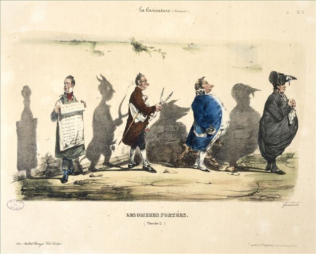 Les ombres portées II, planche 5, La Caricature du 11 novembre 1830 ; #Textes de Balzac signés de pseudonymes : l'Opium par le Comte Alex B... la Reconnaissance du gamin par Henri B..., La Caricature, volume 1 numéro 2, 11 novembre 1830 (pages 11,12 et 13,14) ; #Les Bacchanales de 1831, planches 32 et 33, La Caricature, volume 1, numéro 16, 17 février 1831 ; #Cirque Olympique, à l'Empereur, planche 29, La Caricature, volume 1, numéro 14, 3 février 1831 ; #Les ombres portées I, planche 3, La Caricature, volume 1, numéro 2 du 11 novembre 1830 ; #Danse fantastique, planche 7, La Caricature, volume 1, numéro 4 du 25 novembre 1830