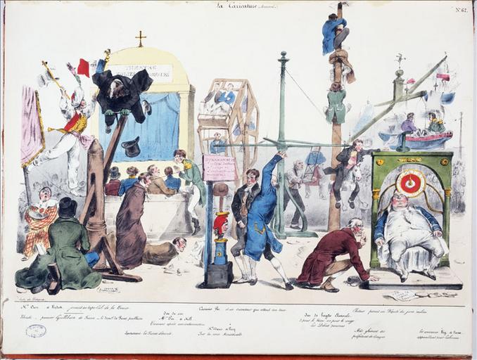 La France livrée aux corbeaux de toute espèce, planche 100, La Caricature, volume 2, numéro 50 du 13 octobre 1831 ; #Théâtre des folies royales, planche 67, La Caricature, volume 2, numéro 34 du 23 juin 1831 ; #Théâtre du Vaudeville, Henry Monnier dans la famille improvisée, planche 74, La Caricature, volume 2, numéro 37 du 14 juillet 1831