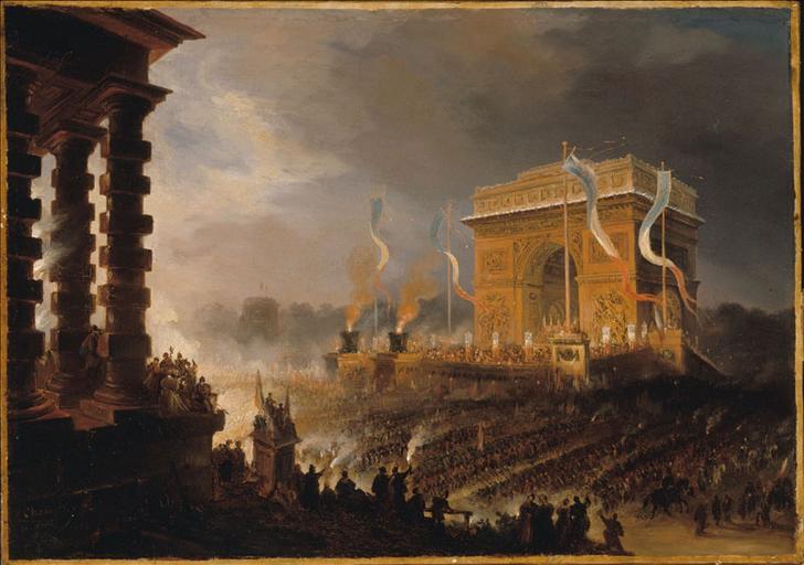 Fête de la Fraternité à l'arc de triomphe de l'Etoile : défilé après la distribution des drapeaux, le soir du 20 avril 1848