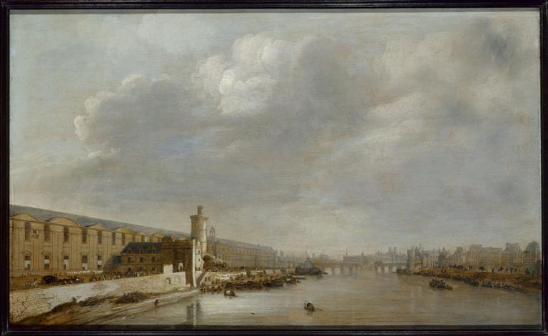 La Grande Galerie du Louvre, avec la porte Neuve, la tour de Bois, le Pont-Neuf, la Cité et la tour de Nesle, vers 1640 (actuels 1er et 6ème arrondissements)