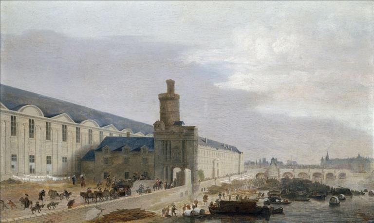 La Grande Galerie du Louvre, avec la porte Neuve, la tour de Bois, la partie nord du Pont-Neuf avec la Samaritaine, l'île de la Cité, vers 1640 (actuel 1er arrondissement)