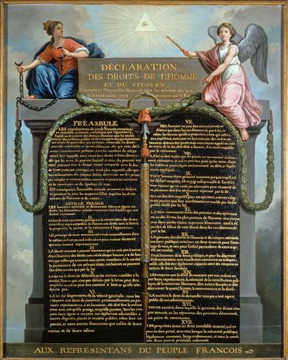Déclaration des droits de l'homme et du citoyen. La Monarchie, tenant les chaînes brisées de la Tyrannie, et le génie de la Nation, tenant le sceptre du Pouvoir, entourent le préambule de la déclaration