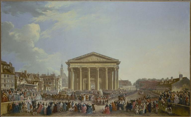 Cérémonie de la pose de la première pierre de la nouvelle église Saint-Geneviève, le 6 septembre 1764, devant la maquette grandeur nature de l'édifice (actuel Panthéon) (5ème arrondissement)