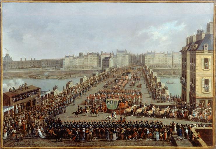 Le cortège impérial se rendant à Notre-Dame pour la cérémonie du sacre, le 2 décembre 1804 ; la traversée du Pont-Neuf (actuel 1er et 6ème arrondissements)