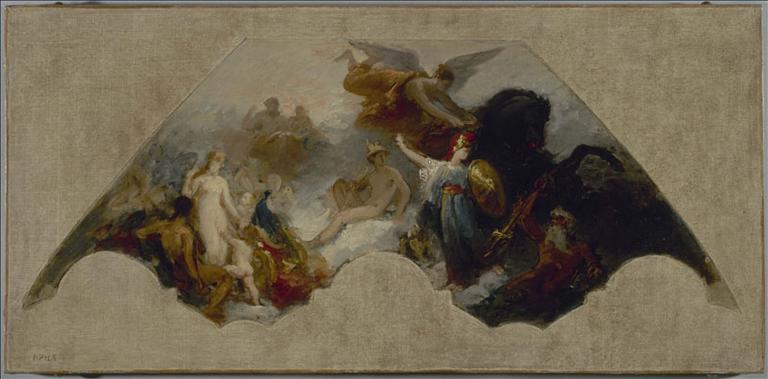Minerve combattant la Force brutale devant l'Olympe réuni