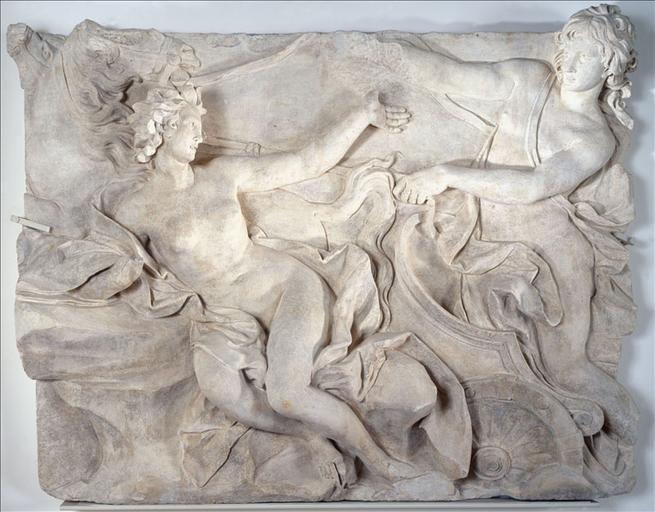 Apollon et Daphné métamorphosée en laurier (haut-relief de l'ancienne Folie la Bouëxière, actuel square Vintimille, 18ème arrondissement, Paris)