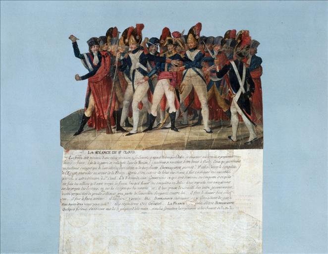 Bonaparte menacé par les députés du Conseil des Cinq-Cents, Saint Cloud, le 10 novembre 1799. (titre factice) ; La Séance de st. Cloud. (titre inscrit)