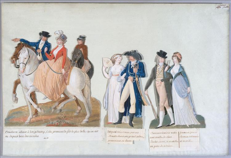 Cavalière et cavaliers allant à Longchamp. (titre factice) ; Deux couples en promenade. (titre factice)