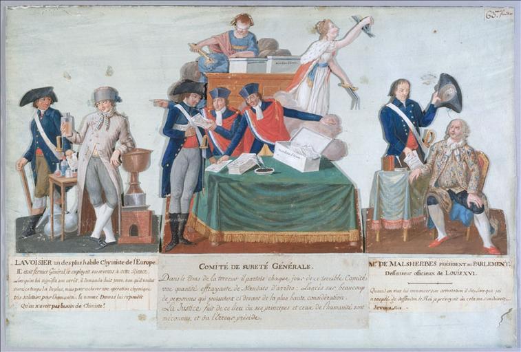 Arrestation d'Antoine-Laurent de Lavoisier (1743-1794), chimiste. (titre factice) ; Lavoisier un des plus habile Chymiste de l'Europe. (titre inscrit) ; Comité de Sureté Générale (titre inscrit) ; Arrestation de Guillaume de Lamoignon de Malesherbes (1721-1794). (titre factice) ; Mr. de Malesherbes président au Parlement. Deffenseur officieux de Louis XVI. (titre inscrit)