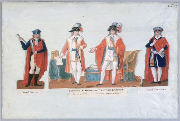 Conseil des 500. (titre inscrit) ; Costumes des Membres du Directoire Exécutif. (titre inscrit) ; Conseil des Anciens. (titre inscrit)
