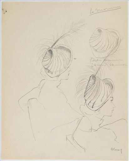 Trois dessins d'un chapeau de Lemonnier. feutre saumon / plumes blanches