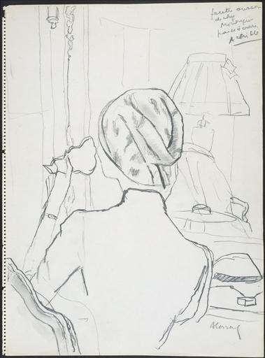 Femme assise dans un salon, buvant une tasse de thé. Chapeau d'Achille. feutre [ ?] / passe écrasée