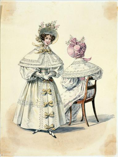 Elément d'un album de 77 aquarelles pour le Journal des Dames et des Modes, 1831-1832. Dessin pour le Journal des Dames et des Modes, n°48, 31 août 1832 - Planche 10 : Chapeau de crêpe. Peignoir en mousseline brodée et garnie de dentelle, dessus de taffetas