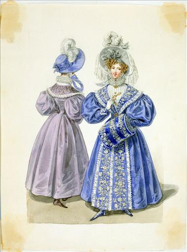 Elément d'un album de 77 aquarelles pour le Journal des Dames et des Modes, 1831-1832. Dessin pour le Journal des Dames et des Modes, n°71, 25 décembre, 1831- Planche 11 : Redingote en velours de Lyon à collet Schall étole et parements brodés soie. Manchon de velours brodé