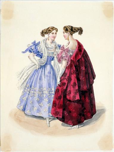Elément d'un album de 77 aquarelles pour le Journal des Dames et des Modes, 1831-1832. Dessin pour le Journal des Dames et des Modes, n°7, 5 février 1832 - Planche 12 : Robe de crêpe avec applications de blonde. Manteau sans envers