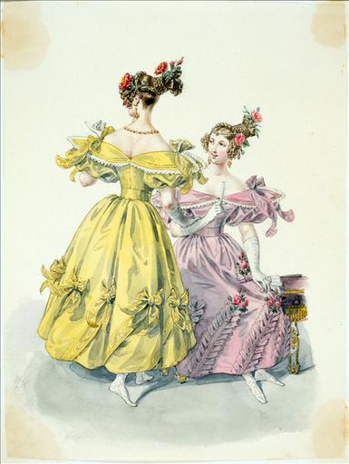 Elément d'un album de 77 aquarelles pour le Journal des Dames et des Modes, 1831-1832. Dessin pour le Journal des Dames et des Modes, n°16, 20 mars 1832 - Planche 13 : Coiffure ornée de roses trémières. Robe de crêpe ornée de rubans