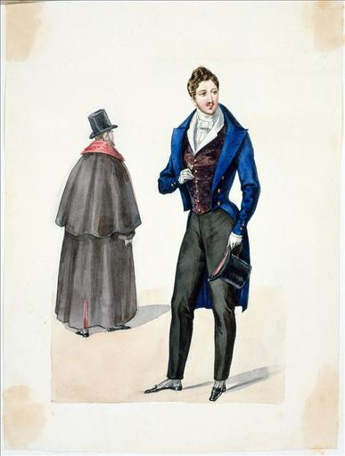 Elément d'un album de 77 aquarelles pour le Journal des Dames et des Modes, 1831-1832. Dessin pour le Journal des Dames et des Modes, n°63, 15 novembre 1831 - Planche 14 : Habit ouvert. Pantalon de casimir. Gilet de moire à dessous de piqué blanc. Manteau à large pèlerine et à manches