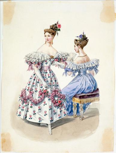 Elément d'un album de 77 aquarelles pour le Journal des Dames et des Modes, 1831-1832. Dessin pour le Journal des Dames et des Modes, n°9, 15 février 1832 - Planche 15 :Robe de gaze brodée
