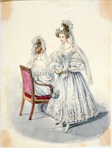 Elément d'un album de 77 aquarelles pour le Journal des Dames et des Modes, 1831-1832. Dessin pour le Journal des Dames et des Modes, n°32, 10 juin 1832 - Planche 16 : Toilette de mariée. Robe de moire blanche