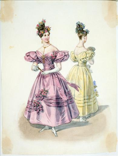 Elément d'un album de 77 aquarelles pour le Journal des Dames et des Modes, 1831-1832. Dessin pour le Journal des Dames et des Modes, n°72, 31 décembre 1832 - Planche 17 : Coiffure ornée de chefs d'or et d'une guirlande en spirales. Robes ornées de rubans et de fleurs
