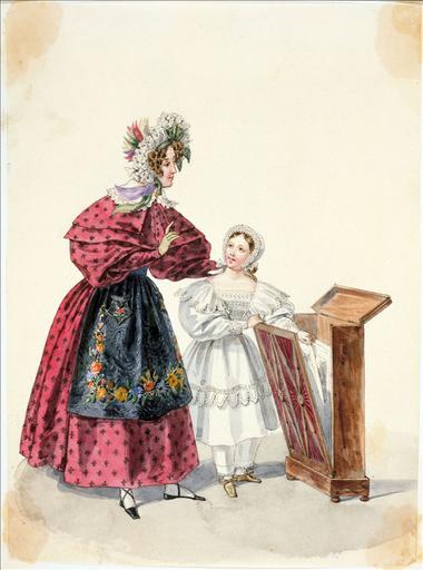 Elément d'un album de 77 aquarelles pour le Journal des Dames et des Modes, 1831-1832. Dessin pour le Journal des Dames et des Modes, n°33, 15 juin 1832 - Planche 18 : Bonnet de blonde. Peignoir. Porte-gravure. Aquarelle, gouache, mine de plomb