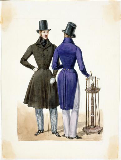 Elément d'un album de 77 aquarelles pour le Journal des Dames et des Modes, 1831-1832. Dessin pour le Journal des Dames et des Modes, n°51, 15 septembre 1831- Planche 19 : Redingote et habit de forme anglaise. Porte-cannes