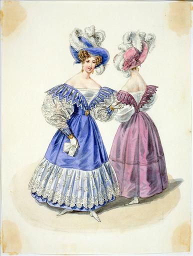 Elément d'un album de 77 aquarelles pour le Journal des Dames et des Modes, 1831-1832. Dessin pour le Journal des Dames et des Modes, n°3, 15 janvier 1832 - Planche 21 : Chapeau orné de perles et de plumes. Robe à schall