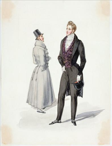 Elément d'un album de 77 aquarelles pour le Journal des Dames et des Modes, 1831-1832. Dessin pour le Journal des Dames et des Modes, n°3, 15 janvier 1832 - Planche 22 : Habit à l'anglaise. Gilet de velours brodé d'or. Gilet de dessous en cachemire et pardessus orné de gances et olives