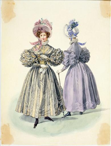 Elément d'un album de 77 aquarelles pour le Journal des Dames et des Modes, 1831-1832. Dessin pour le Journal des Dames et des Modes, 1832 - Planche 23 : Robe de moire à rayures