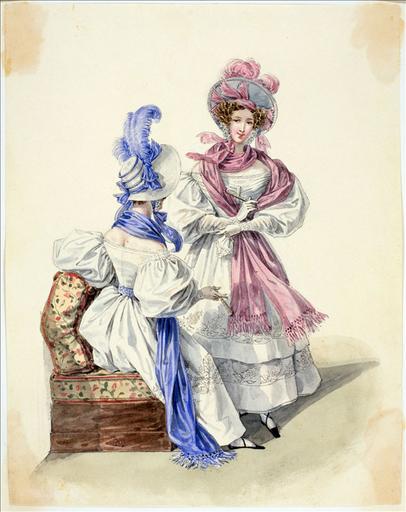 Elément d'un album de 77 aquarelles pour le Journal des Dames et des Modes, 1831-1832. Dessin pour le Journal des Dames et des Modes, n°50, 10 septembre 1832 - Planche 24 : Chapeau de paille de riz. Robe de mousseline ornée de remplis et broderies. Echarpe de gaze