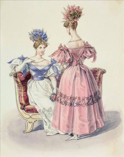 Elément d'un album de 77 aquarelles pour le Journal des Dames et des Modes, 1831-1832. Dessin pour le Journal des Dames et des Modes n°54, 30 septembre 1831, n°2923 - Planche 25 : Robes ornées de broderies et d'une ceinture de ruban en sautoir