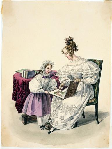 Elément d'un album de 77 aquarelles pour le Journal des Dames et des Modes, 1831-1832. Dessin pour le Journal des Dames et des Modes, n°36, 10 octobre 1832 - Planche 26 : Coiffure ornée de rubans en fil d'Ecosse. Robe de mousseline brodée