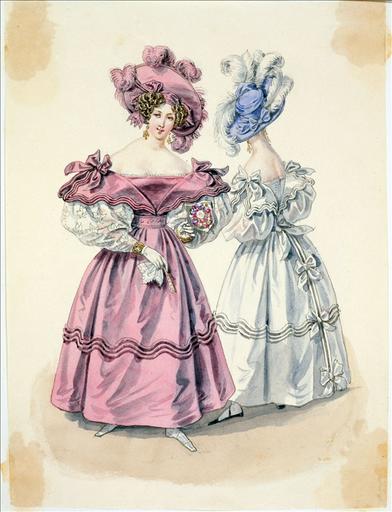 Elément d'un album de 77 aquarelles pour le Journal des Dames et des Modes, 1831-1832. Dessin pour le Journal des Dames et des Modes, n°12, 29 février 1832 - Planche 27 : Chapeau de gaze. Robe de gaze en tablier garnie de rouleaux de satin et de noeuds