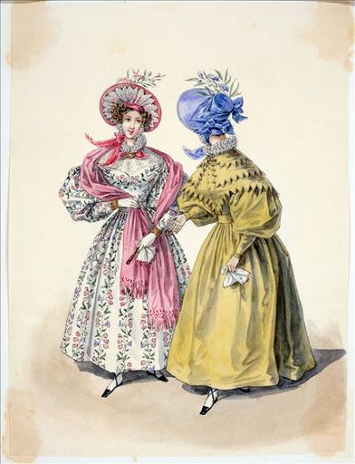 Elément d'un album de 77 aquarelles pour le Journal des Dames et des Modes, 1831-1832. Dessin pour le Journal des Dames et des Modes, n°51, 15 septembre 1832 - Planche 28 : Chapeau de gaze. Robe de chaly et robe de gros de Naples