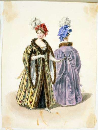 Elément d'un album de 77 aquarelles pour le Journal des Dames et des Modes, 1831-1832. Dessin pour le Journal des Dames et des Modes, n°2, 10 janvier 1832 - Planche 29 : Toque polonaise en velours. Pelisse de satin brodé de martre. Robe de velours