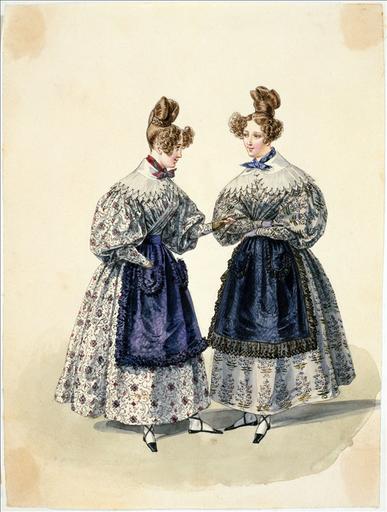 Elément d'un album de 77 aquarelles pour le Journal des Dames et des Modes, 1831-1832. Dessin pour le Journal des Dames et des Modes, n°36, 30 juin 1832, n°2996 - Planche 3 : Deux femmes en robes imprimées en jaconas algérien, manche gigot, corsages drapés, collerettes blanches, cravates nouées, tabliers de moire violette à poches, bordure de dentelle noire