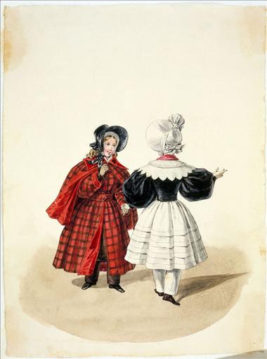 Elément d'un album de 77 aquarelles pour le Journal des Dames et des Modes, 1831-1832. Dessin pour le Journal des Dames et des Modes, n°65, 25 novembre 1832 - Planche 30 : Manteau de mérinos doublé de soie à col de velours. Capote de velours. Spencer de velours. Jupe de jaconas. Capote de satin