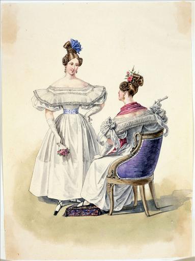 Elément d'un album de 77 aquarelles pour le Journal des Dames et des Modes, 1831-1832. Dessin pour le Journal des Dames et des Modes, n°47, 25 août 1832 - Planche 31 : Robe de mousseline blanche