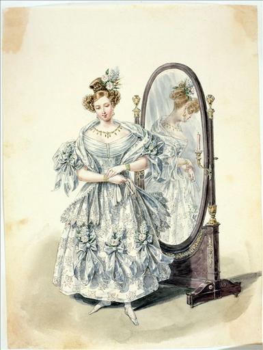 Elément d'un album de 77 aquarelles pour le Journal des Dames et des Modes, 1831-1832. Dessin pour le Journal des Dames et des Modes, n°39, 1832 - Planche 32 : Robe de mousseline de soie brodée en soie plate et écharpe de blonde