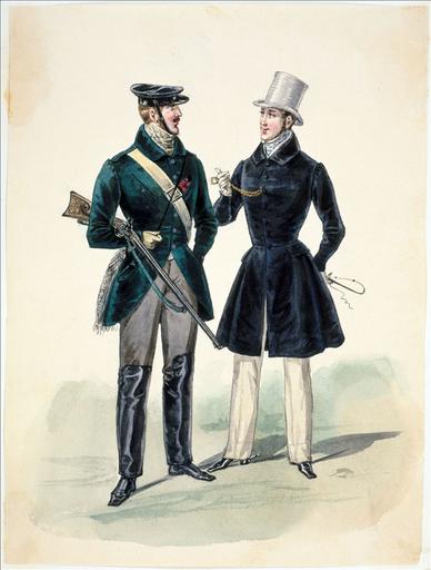 Elément d'un album de 77 aquarelles pour le Journal des Dames et des Modes, 1831-1832. Dessin pour le Journal des Dames et des Modes, n°57, 15 octobre 1832 - Planche 34 : Casquette vernie ; veste de velours ; pantalon garni de peau de chèvre. Redingote de velours ; pantalon de daim ; chapeau à longs poils. 1832