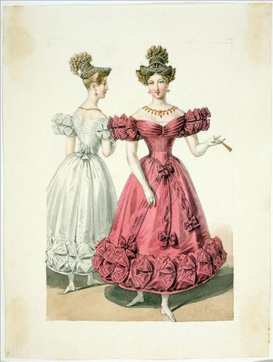 Elément d'un album de 77 aquarelles pour le Journal des Dames et des Modes, 1831-1832. Dessin pour le Journal des Dames et des Modes, n°29, 25 mai 1828 - Planche 35 : Robes de bal. Coiffure grecque ornée de perles. Robe de tulle garnie d'ailes brodées de rouleaux de satin et de rubans de gaze satinés