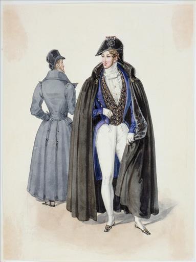 Elément d'un album de 77 aquarelles pour le Journal des Dames et des Modes, 1831-1832. Dessin pour le Journal des Dames et des Modes, n°9, 15 février 1832 - Planche 36 : Manteau sans pèlerine. Habit à l'Anglaise. Gilet de cachemire. Pantalon de casimir. Redingote. Pardessus