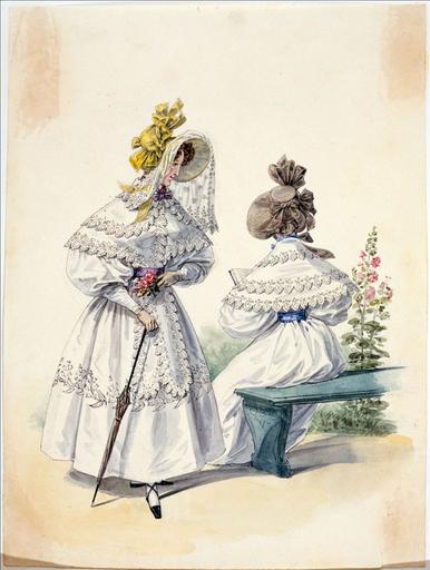 Elément d'un album de 77 aquarelles pour le Journal des Dames et des Modes, 1831-1832. Dessin pour le Journal des Dames et des Modes, n°40, 20 juillet 1832 - Planche 38 :Robe et pèlerine en mousseline brodée. Capotes de crêpe avec demi-voile