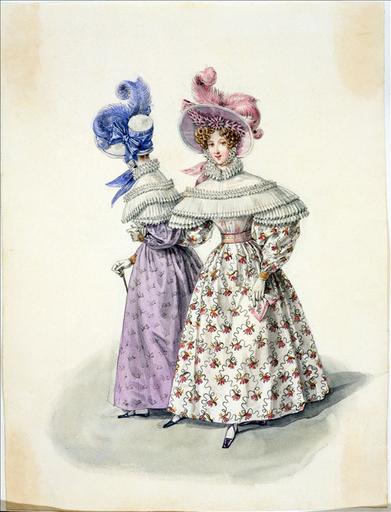 Elément d'un album de 77 aquarelles pour le Journal des Dames et des Modes, 1831-1832. Dessin pour le Journal des Dames et des Modes, n°49, 5 septembre 1831 - Planche 39 :Chapeau de paille de riz à forme de gros de Naples et orné de plumes. Robe de mousseline de laine. Canezou en mousseline