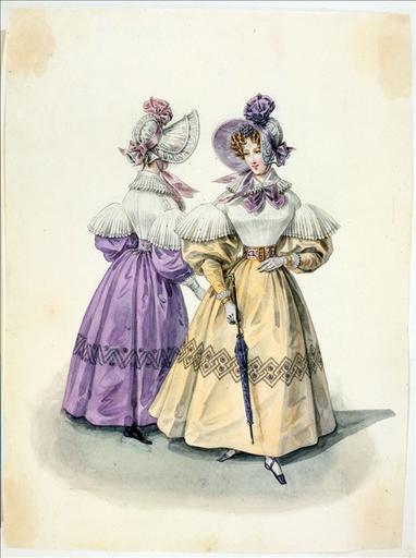 Elément d'un album de 77 aquarelles pour le Journal des Dames et des Modes, 1831-1832. Dessin pour le Journal des Dames et des Modes, n°48, 31 août 1831, 2915 - Planche 4 : Capotes de gaze doublées de gros de Naples. Robes de chaly uni ornées d'une broderie