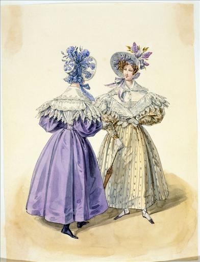 Elément d'un album de 77 aquarelles pour le Journal des Dames et des Modes, 1831-1832. Dessin pour le Journal des Dames et des Modes, n°22, 20 avril 1832 - Planche 40 : Capote et canezou brodé de soie. Robes de chaly. Aquarelle, gouache, mine de plomb