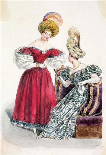 Elément d'un album de 77 aquarelles pour le Journal des Dames et des Modes, 1831-1832. Dessin pour le Journal des Dames et des Modes n°14, 10 mars 1832, n°2966 - Planche 41 : Turban en gaze d'or. Robe de cachemire